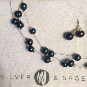 Navy Blue Pearl Necklace and Earrings